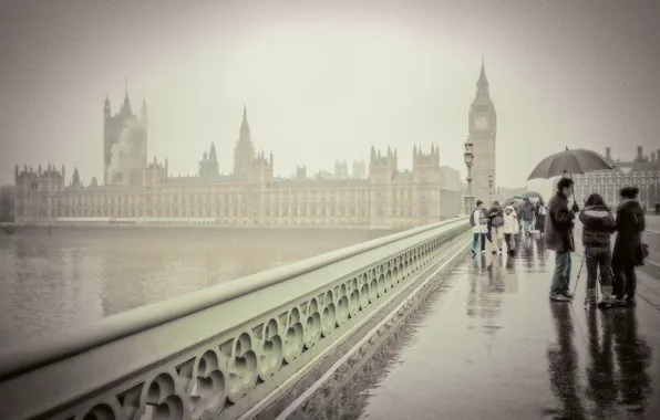 Картинка мост, люди, Лондон, зонт, Биг-Бен, London, Big Ben