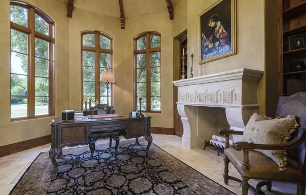 Villa, luxury, fireplace, office, workspace
