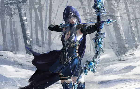 Картинка girl, fantasy, game, forest, blue eyes, snow, League of Legends, digital art