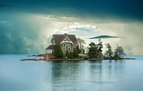 Картинка облака, деревья, птицы, озеро, дом, рендеринг, остров, стая