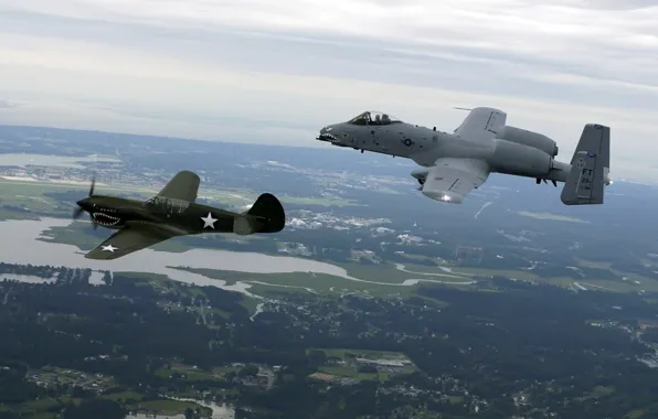 Полет, земля, истребитель, штурмовик, A-10, Tomahawk, Thunderbolt II, Curtiss P-40