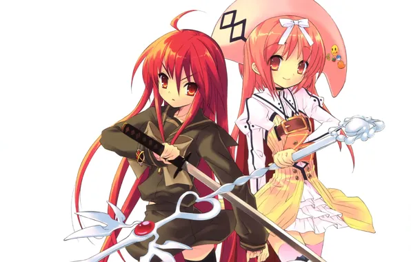 Катана, фея, белый фон, shakugan no shana, shana, art, красные волосы, crossovers