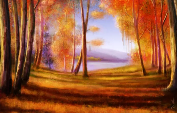Картинка осень, лес, деревья, природа, арт