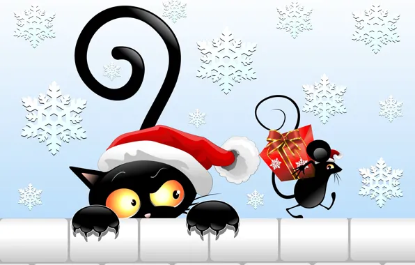 Картинка взгляд, вектор, подарок, шапка, мышка, новый год, хвост, черный кот
