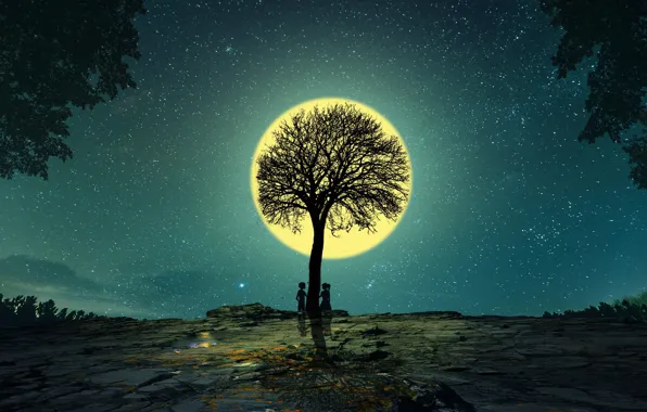 Ночь, дерево, луна, романтика, графика, звёзды, пара, digital art