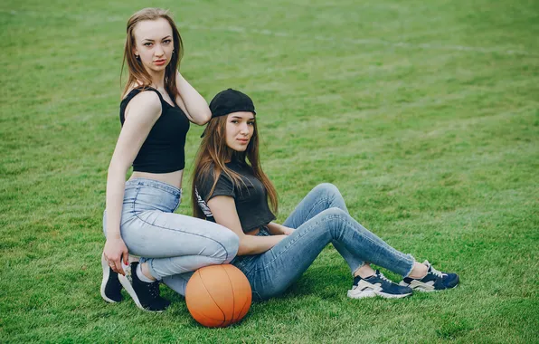 Girls, jeans, sneakers, girlfriends, basketball ball