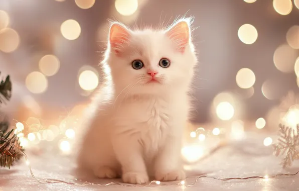 Кошка, белый, взгляд, снежинки, огни, поза, блики, котенок