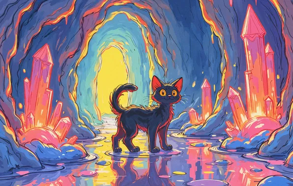 Кошка, кот, взгляд, вода, свет, природа, поза, отражение