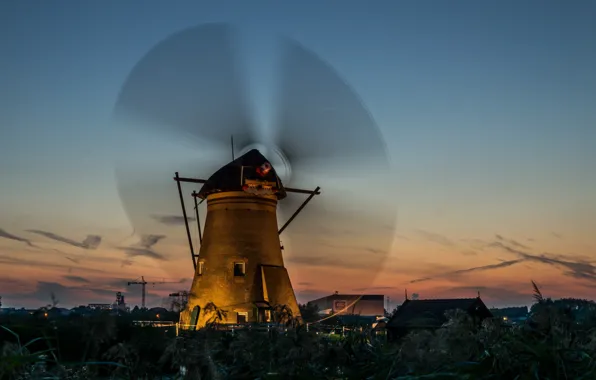 Ночь, hdr, Нидерланды, ветряная мельница