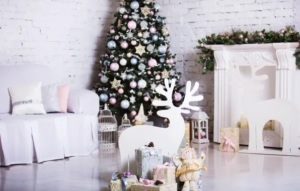 Украшения, комната, игрушки, елка, Новый Год, Рождество, подарки, white