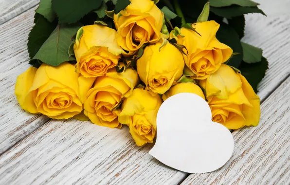 Розы, букет, желтые, heart, yellow, flowers, romantic, roses