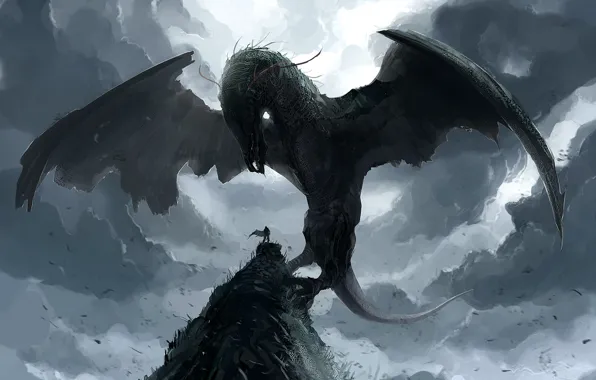 Скала, дракон, человек, крылья, мощь, арт, summoning fantasy