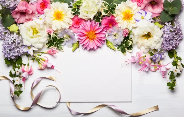 Цветы, лента, wood, pink, flowers, beautiful, композиция, frame