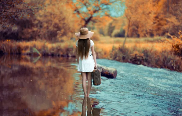 Картинка девушка, река, путь, шляпа, платье.чемодан