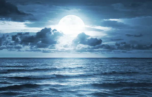 Картинка море, небо, облака, пейзаж, океан, лунный свет, sky, sea