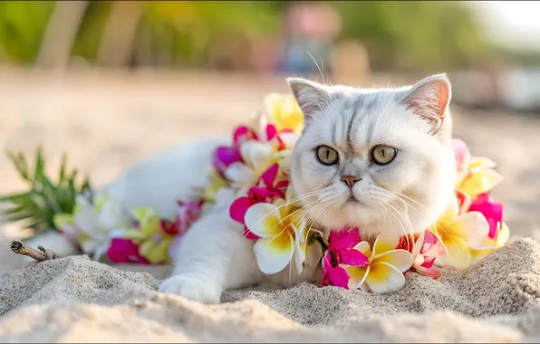 Песок, кошка, пляж, кот, взгляд, свет, цветы, поза