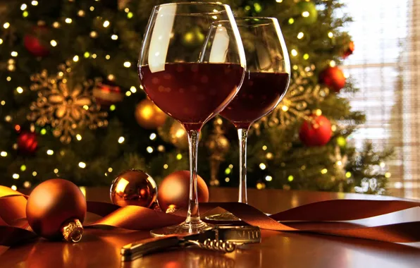 Украшения, вино, шары, елка, Новый Год, бокалы, Рождество, Christmas