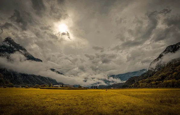 Солнце, облака, горы, mountains, clouds, sun, farm, фермы