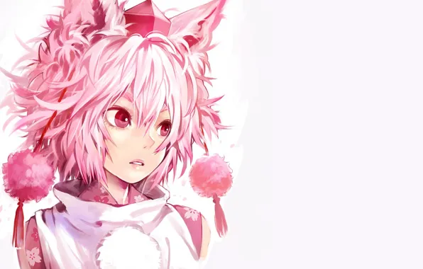 Лицо, фон, шапка, помпоны, мех, ушки, челка, Touhou