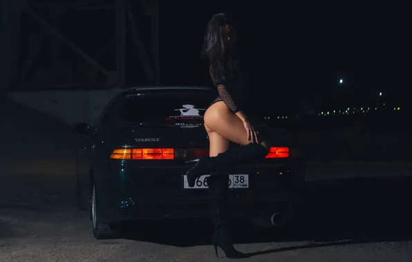 Ass, night, model, women, brunette, black car, red panties, red bra
