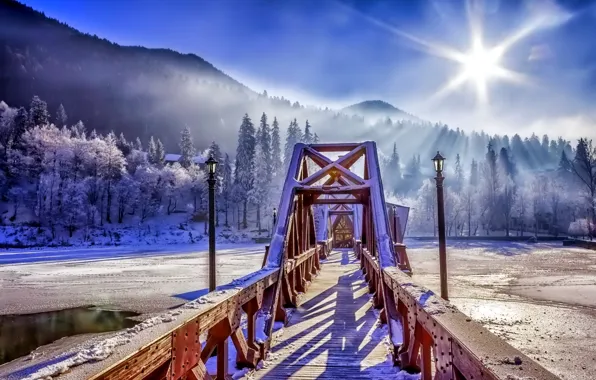 Картинка зима, лес, небо, снег, мост, природа