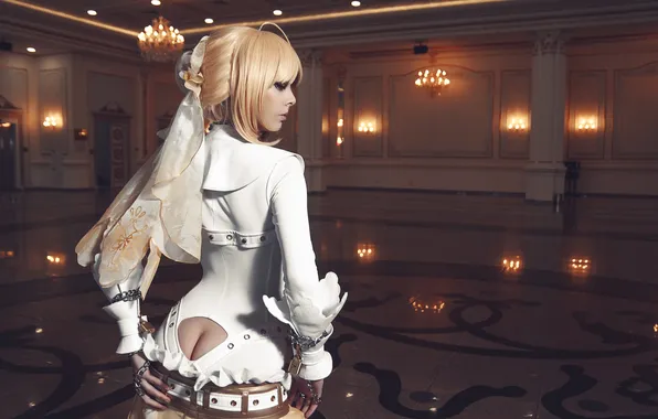 Девушка, поза, зал, cosplay, Saber, Fate/Stay night