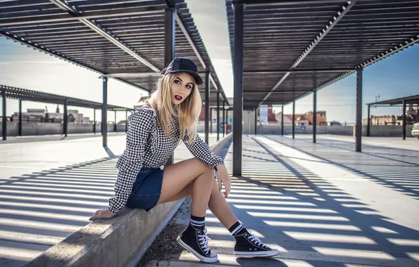 Girl, shorts, long hair, beautiful, model, sweet, cap, makeup