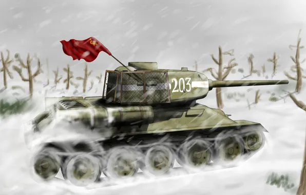 Картинка зима, снег, рисунок, арт, танк, СССР, метель, ВОВ