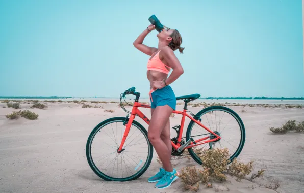 Картинка велосипед, жажда, пустыня, bicycle, desert, пески, sands, blue sky