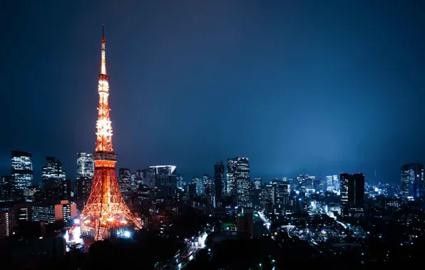 Картинка здания, дома, Япония, Токио, Tokyo, Japan, ночной город, телебашня