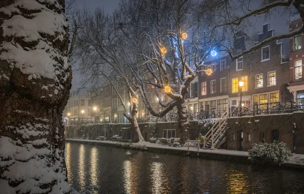 Картинка зима, снег, деревья, здания, дома, канал, Нидерланды, Netherlands
