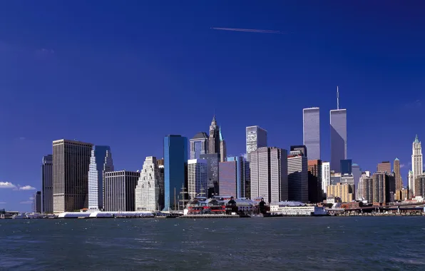 Картинка город, река, обои, небоскребы, wallpaper, нью-йорк, new york, world trade center