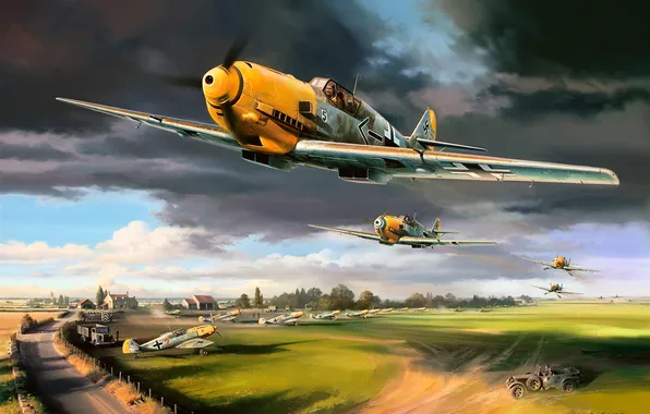 Aircraft, war, art, airplane, aviation, ww2, dogfight, bf 109