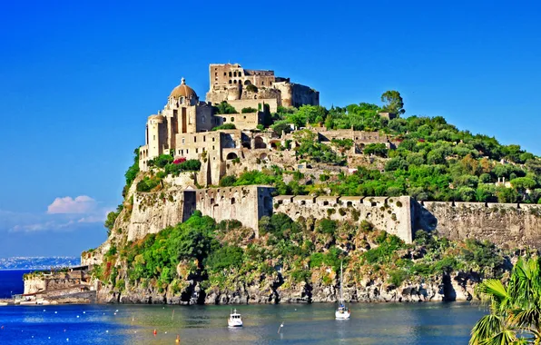 Море, зелень, вода, пейзаж, остров, Италия, Italy, Арагонский замок