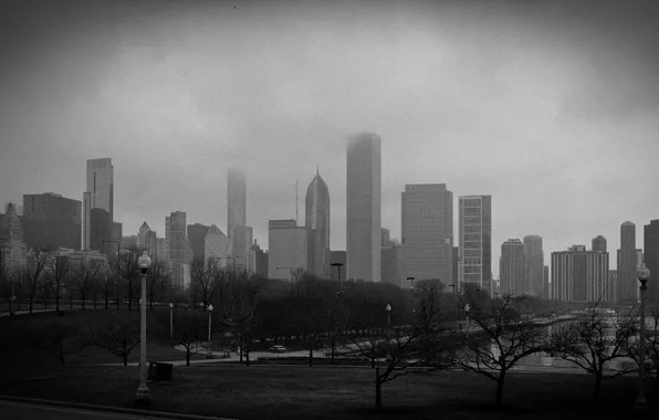 Картинка туман, небоскребы, ч/б, чикаго, Chicago