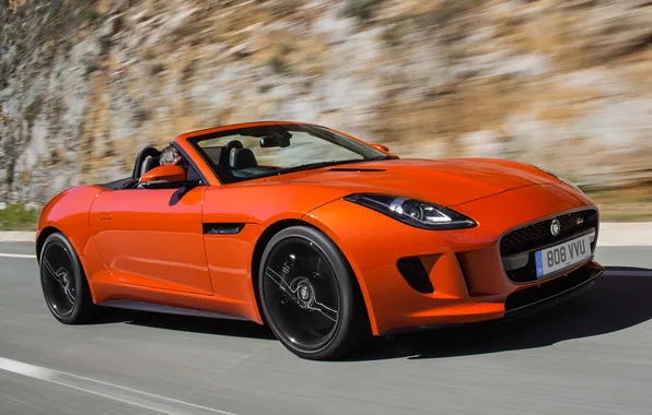 Картинка car, Jaguar, ягуар, road, красивый, speed, orange, F-Type