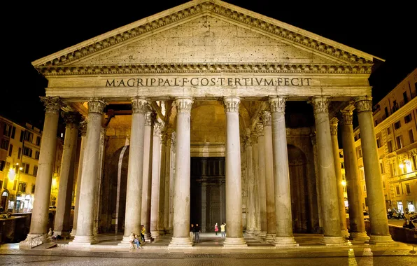 Картинка ночь, площадь, Рим, Италия, колонны, Пантеон