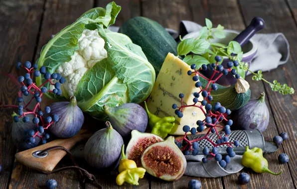Картинка осень, ягоды, еда, сыр, черника, виноград, овощи, инжир