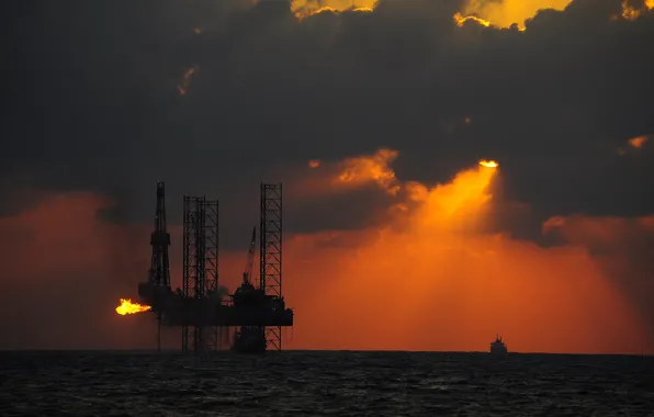 Море, солнце, закат, корабль, танкер, силуэты, платформа, нефтяная