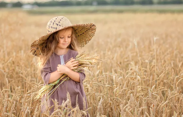 Картинка поле, природа, шляпа, платье, девочка, колосья, ребёнок, Виктория Дубровская