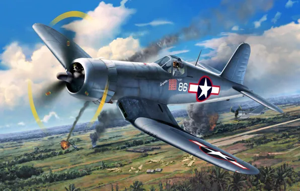 Картинка war, art, airplane, painting, aviation, ww2, Vought F4U Corsair