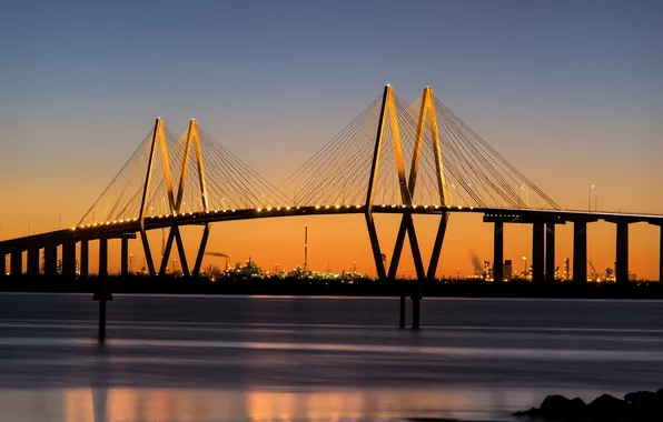 Мост, город, река, Texas, расвет, Baytown, Fred Hartman bridge