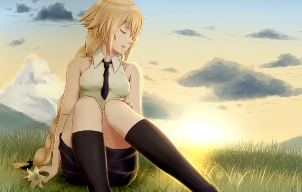 Цветок, девушка, закат, луг, сидит, Fate/Apocrypha, Fate - Apocrypha, Joan of Arc