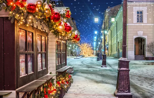 Картинка Зима, Ночь, Город, Снег, Новый Год, Улица, Фонари, Москва
