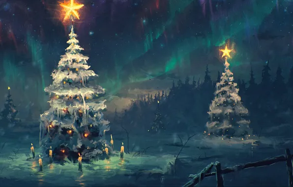 Картинка зима, небо, звезды, снег, ночь, звезда, елки, новый год