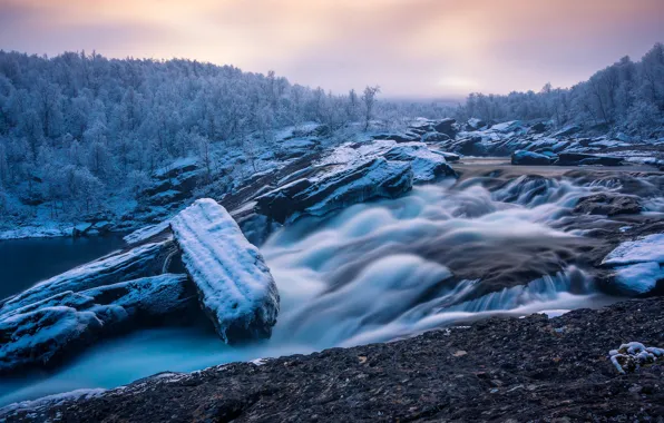 Картинка лес, речка, Швеция, Sweden, первый снег, winter is coming