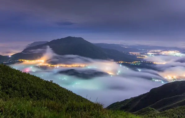 Горы, город, огни, туман, Тайвань, Тайбэй