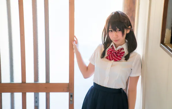 Beautiful, Asian, Model, Woman, Cute, Pretty, Uniform, Door