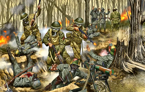 Бой, противогаз, Солдаты, пулемет, окоп, Западный фронт, MG 08, Первая Мировая война