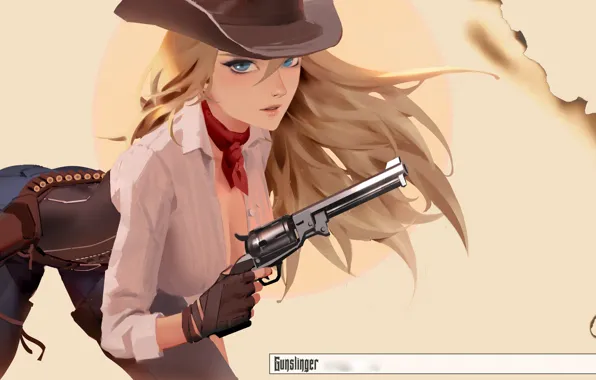 Картинка girl, gun, weapon, hat, anime, art, blue eyes, blonde
